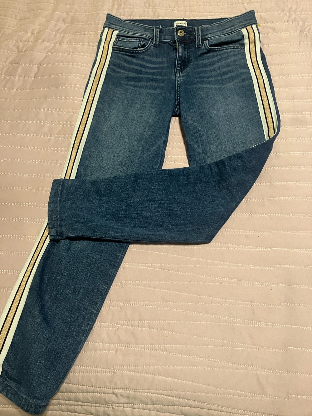 Sneak Peek Women’s Dark Blue Crop Jeans with Gold and White Side Stripes